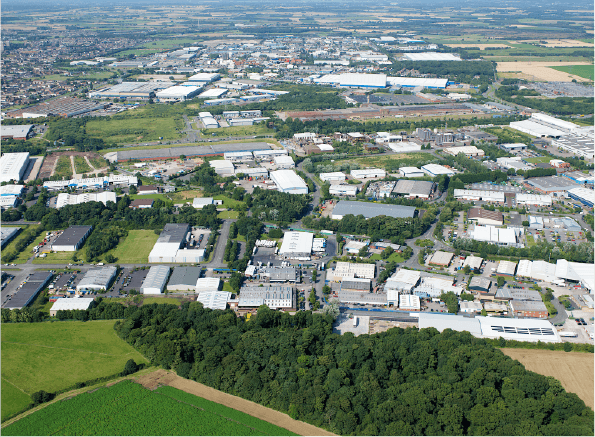 Aerial photograph of Knowsley commercial development buildings